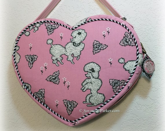 Fabulous Paris Poodles Pink and Black Retro Heart Shaped Purse Handbag, Valentine Shape, Handsewn Binding, Jeweled Detachable Strap, Charms