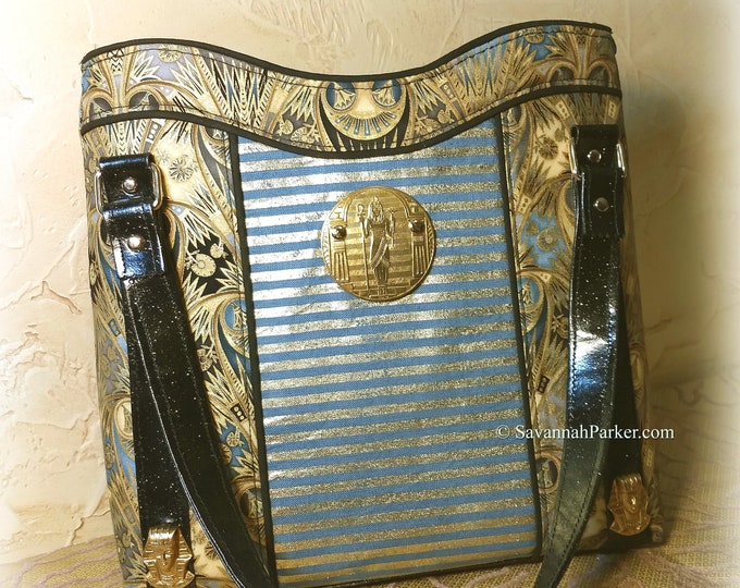 Magnificent Egyptian Inspired Large Handbag -Shoulder Bag -Tote Style -Rare Metallic Egyptian Print -Vintage Brass Accents -Double Handles
