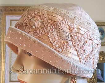 Antique Style 1920s Gatsby Flapper Ribbonwork Downton Abbey Cloche - Peach Silk - Antique Lace - Silk Ribbonwork Flowers - Made to Order