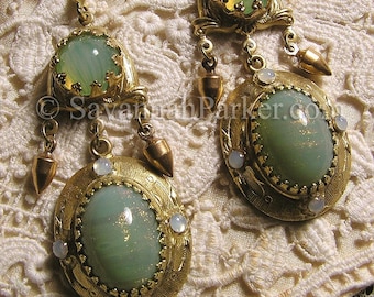 Antique Style Victorian Edwardian Earrings - Celadon Green Glittering Art Glass