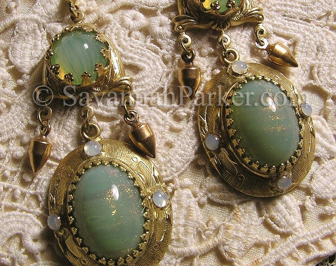 Antique Style Victorian Edwardian Earrings - Celadon Green Glittering Art Glass