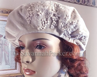 1920s Vintage Style French Silk Velvet Beret - Tam Hat - Made to Order - Silk Velvet Antique Style Hat - Beaded Antique Lace Beret Hat