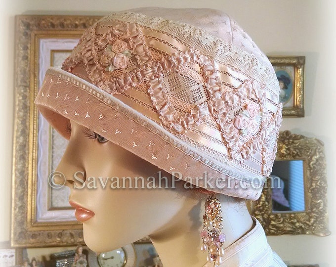 Antique Style 1920s Gatsby Flapper Hat Ribbonwork Downton Abbey Silk Cloche Hat - Antique Lace - Silk Ribbonwork Cloche Hat - Made to Order