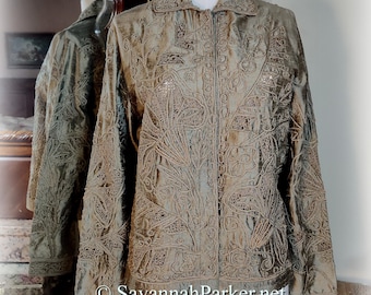 Sandy Starkman Embroidered Soutache Western Bohemian Jacket, Vintage Taupe Silk, Size M