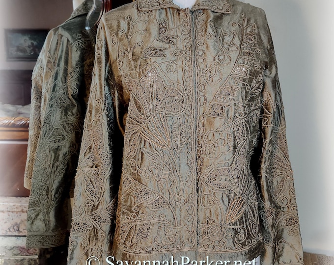 Sandy Starkman Embroidered Soutache Western Bohemian Jacket, Vintage Taupe Silk, Size M