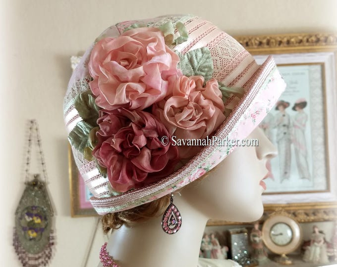 Antique Style 1920s Gatsby Flapper Hat Downton Abbey Peach Coral Green Cloche Hat - Ready to Ship- Antique Lace - Handmade Silk Roses