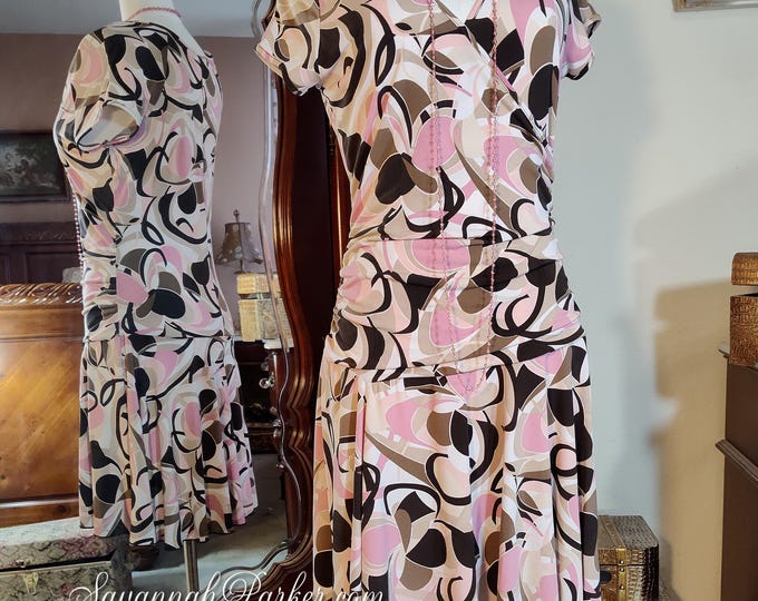 Vintage 90s does 60s MOD Mini Dress,Pink and Brown Jersey Print, SM