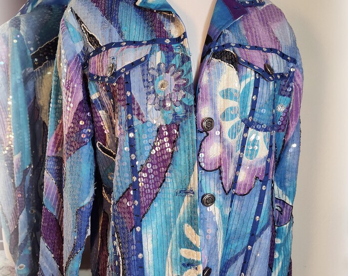 Vintage MOD 1990s Designer Sandy Starkman - Fabulous GLAM Beaded Sequined Jeweled Bohemian Blue and Purple Denim Jacket -- L