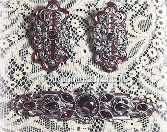 RARE 2 pc Victorian Gothic Set Vintage 1980's-90's 1928 Jewelry Co, Purple and Marcasite Glass Stones, Burnished Silvertone Brooch Earrings
