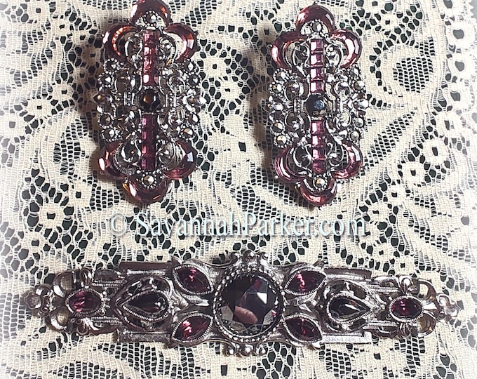 RARE 2 pc Victorian Gothic Set Vintage 1980's-90's 1928 Jewelry Co, Purple and Marcasite Glass Stones, Burnished Silvertone Brooch Earrings