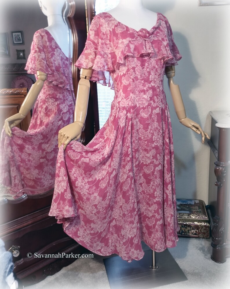 Fabulous Vintage 20s-30s Inspired Silk Chiffon Designer Nancy Johnson Raspberry Rose Pink Super Feminine Garden Party Dress