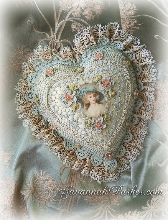 Antique Style Exquisite Romantic Cottage Shabby Chic Pillow - Robin's Egg Blue Crocheted Heart Shape - Antique Laces - Ribbonwork Flowers