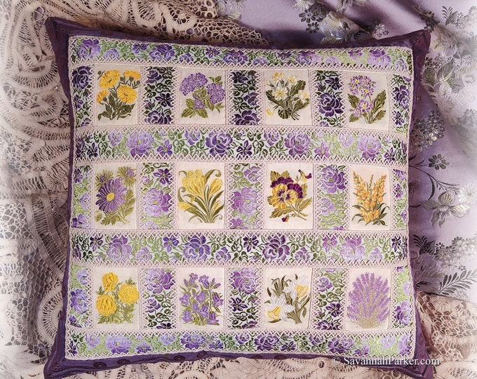 Spectacular One of a Kind Lilac and Yellow Romantic Silk Handsewn Exquisite Gilded Age Pillow - RARE Antique Woven Kensitas Flower Silks