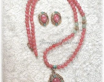 Gorgeous 2 pc Set Vintage 1980's-90's 1928 Jewelry Company - Coral and Jade Antique Inspired Filigree Necklace and Earrings