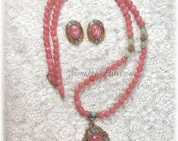 Gorgeous 2 pc Set Vintage 1980's-90's 1928 Jewelry Company - Coral and Jade Antique Inspired Filigree Necklace and Earrings
