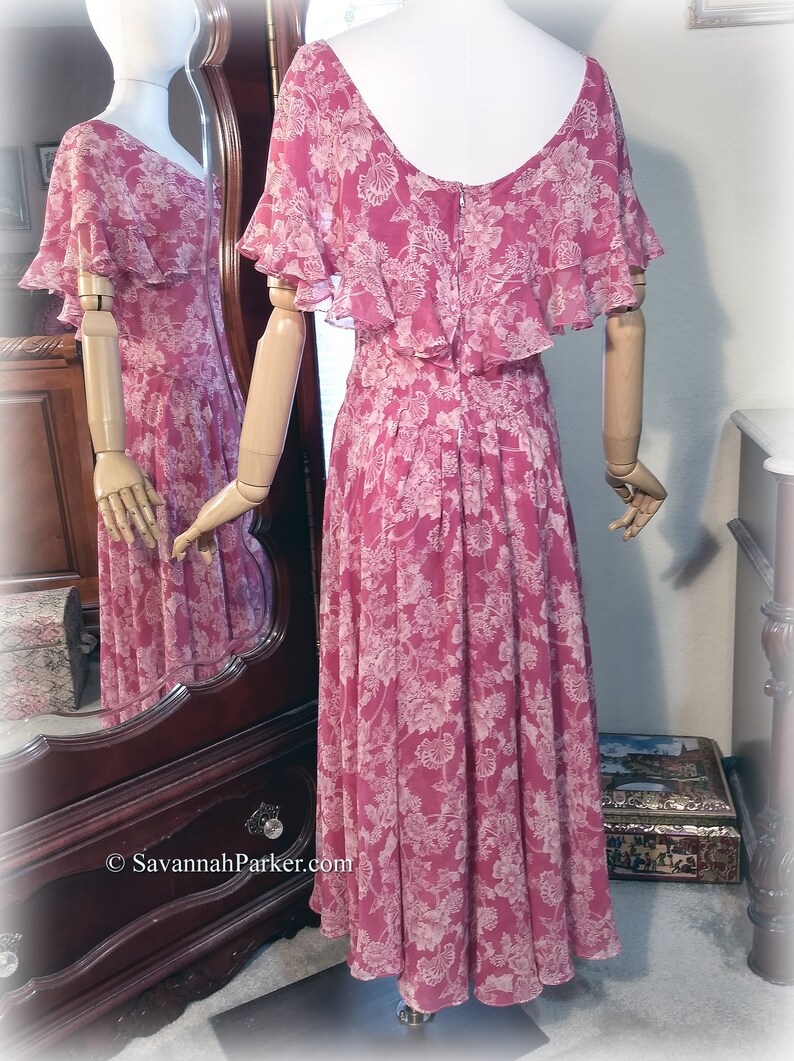 Fabulous Vintage 20s-30s Inspired Silk Chiffon Designer Nancy Johnson Raspberry Rose Pink Super Feminine Garden Party Dress