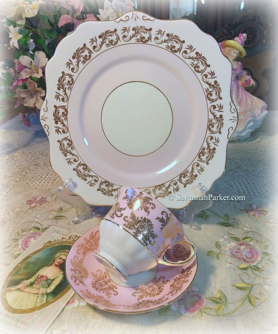 Vintage Queen Anne and Royal Stafford Pink and Gold Floral Bone China Tea Trio, Cup, Saucer, Cake Plate, Bridal Shower Wedding Gift