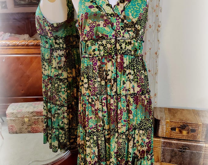 Super Cute NWOT  Vintage Bohemian Sundress - Vivid Green and Plum Print - Soft Drapey Jersey - SZ 8/10 - Very Full Multi Tiered Skirt
