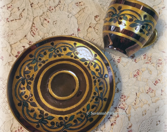 Antique Artist-China-Painted 1910s 1920s Art Deco Style Deep Violet Plum Lustre Demitasse Cup and Saucer Set, High Lustre Gold