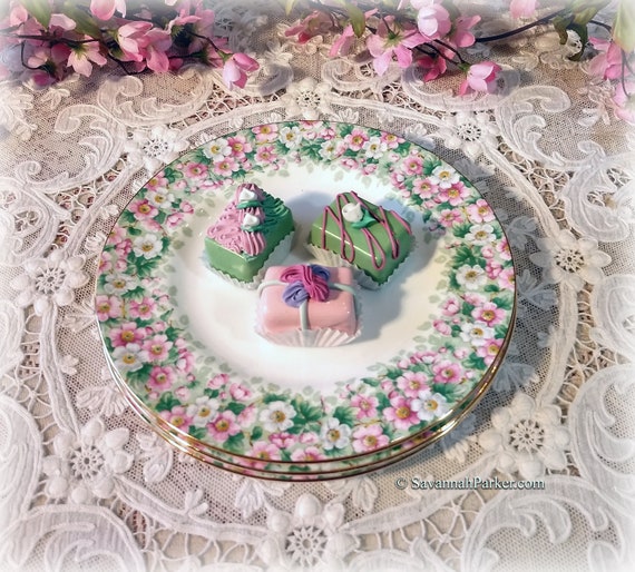 Wonderful Vintage Crown Staffordshire Maytime 8.25" Dessert/Luncheon Plates, Pink and Green Apple Blossoms, Price per Plate