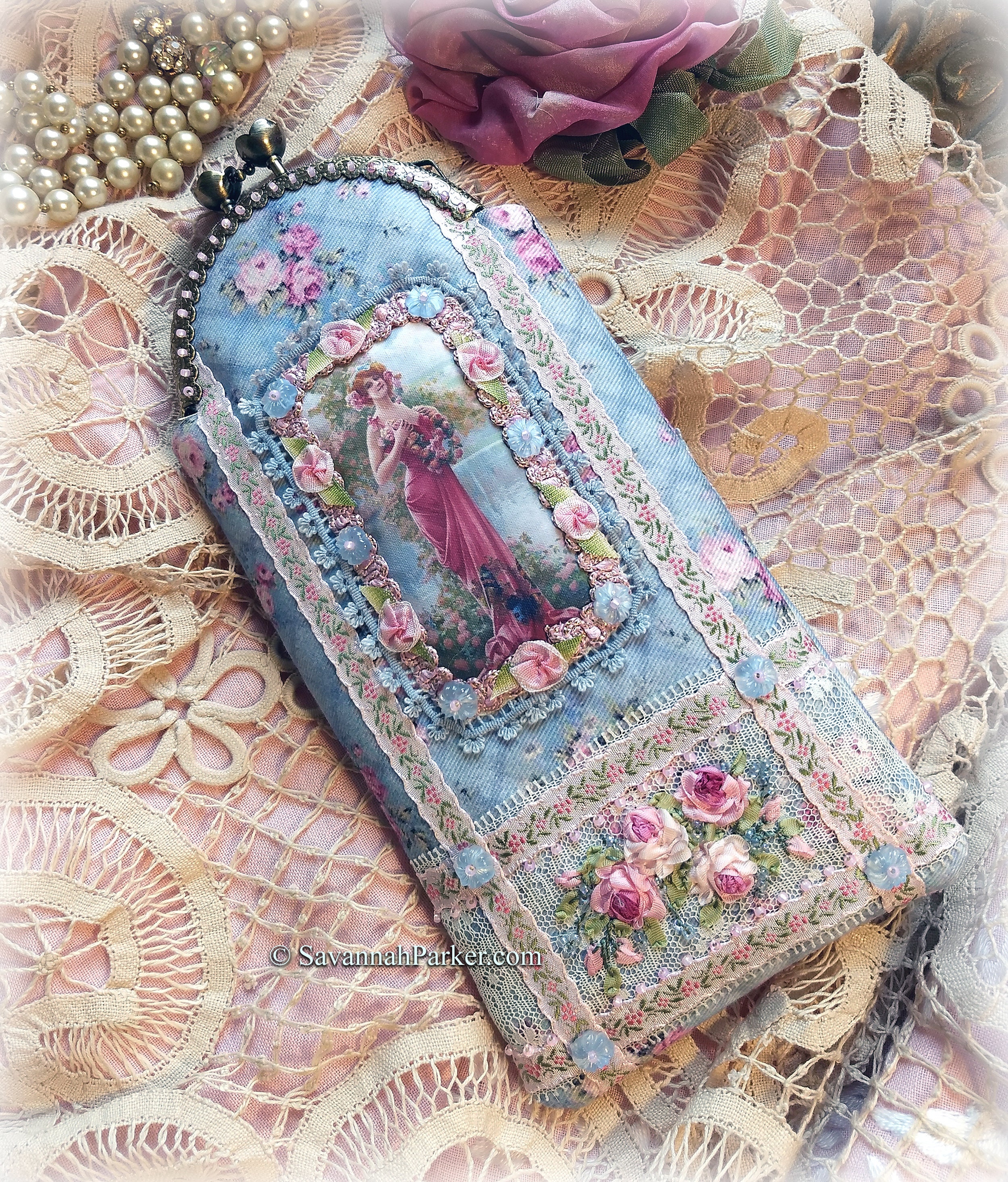 Download Antique Style Handmade Victorian Ribbonwork Roses Phone Case Eyeglass Case Pouch Silk Ribbon Embroidery Purse Cell Case Glasses Case