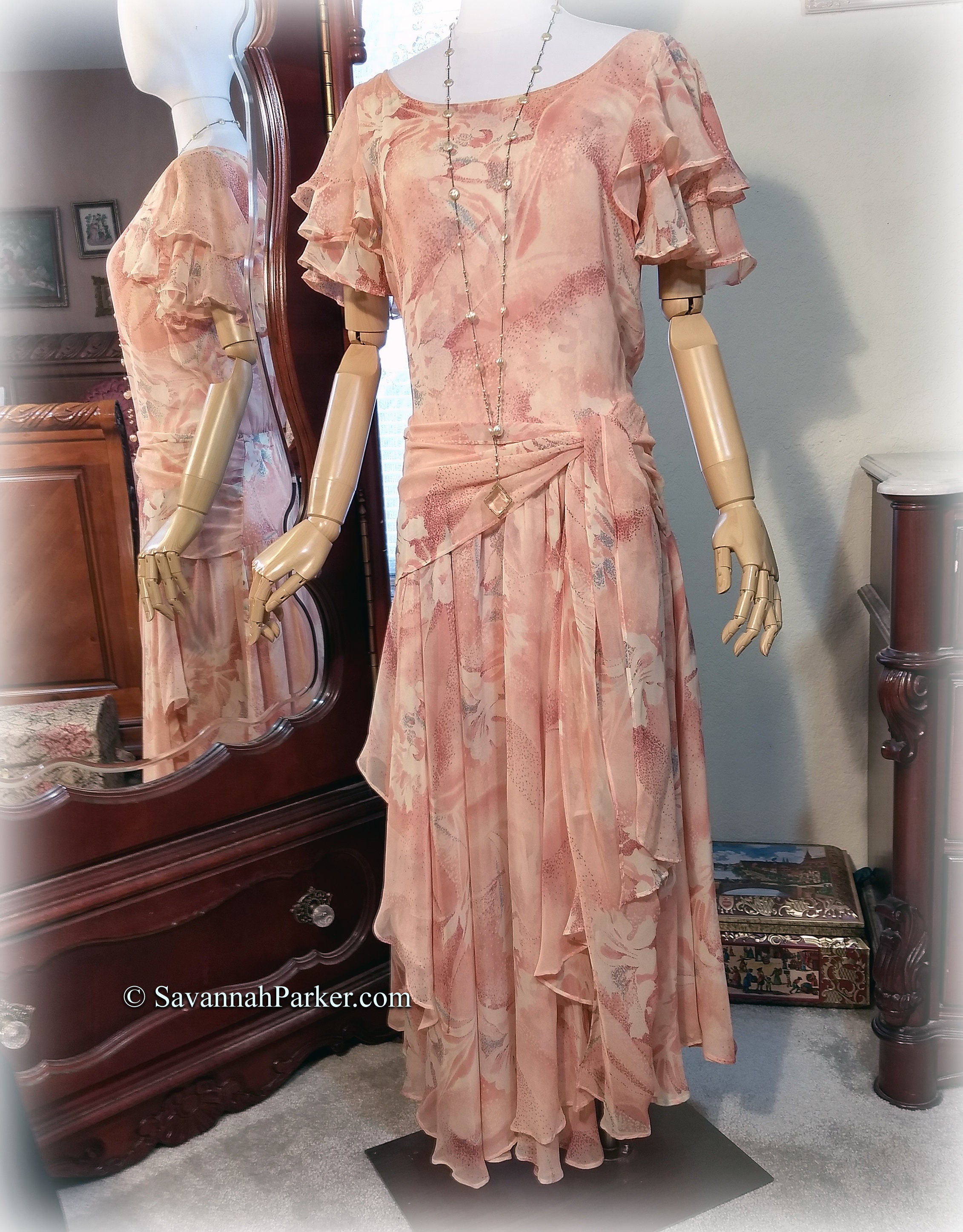 Fabulous Vintage 20s-30s Inspired Silk Chiffon Designer Nancy Johnson Raspberry Rose Pink Super Feminine Garden Party Dress