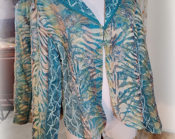FAB Vintage 1990s Designer Sandy Starkman - Aquamarine Blue and Ecru "Under the Sea" Embroidered Beaded Silk Bohemian Jacket - Art to Wear