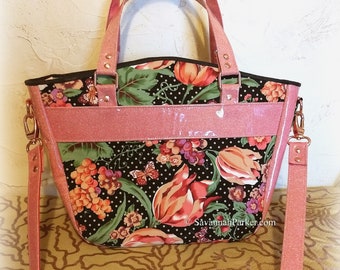 Coral Rose-Gold Glitter Vinyl Large Floral Handbag -Shoulder Bag -Tote Style -Vintage April Cornell Fabrics -Crossbody Strap -Double Handles