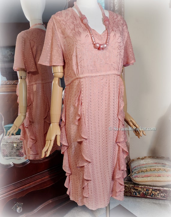 Gorgeous New with Tags Vintage 1990s does 1920s Allover Embroidery Blush Pink Rayon Dress - Cascading Ruffles - Garden Party Dress