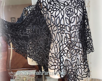 Stunning Vintage All Silk 3 Piece Gothic Spiderweb Set - Beaded Handmade Battenburg-style Lace Cami, Cape and Pants - Black Silk Satin