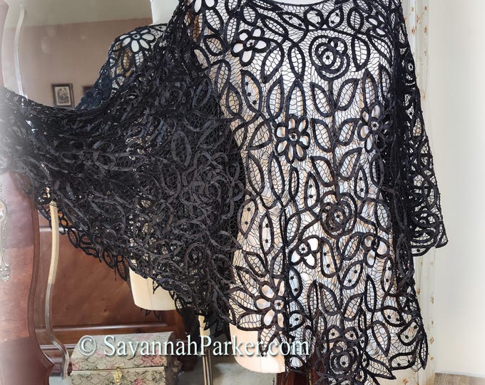 Stunning Vintage All Silk 3 Piece Gothic Spiderweb Set - Beaded Handmade Battenburg-style Lace Cami, Cape and Pants - Black Silk Satin