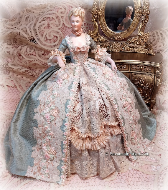 Magnificent Antique German Bisque BIG Half Doll, Exquisite Handsewn Lavish Aqua Silk and Antique Lace Costume, Silk Ribbonwork Rose Garlands