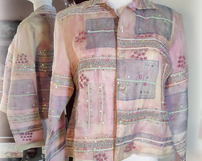 Lovely Pink and Blue Silk Vintage 1990s Designer Sandy Starkman - Art to Wear Bohemian Spring/Summer Jacket -- Silver and Pastels - M