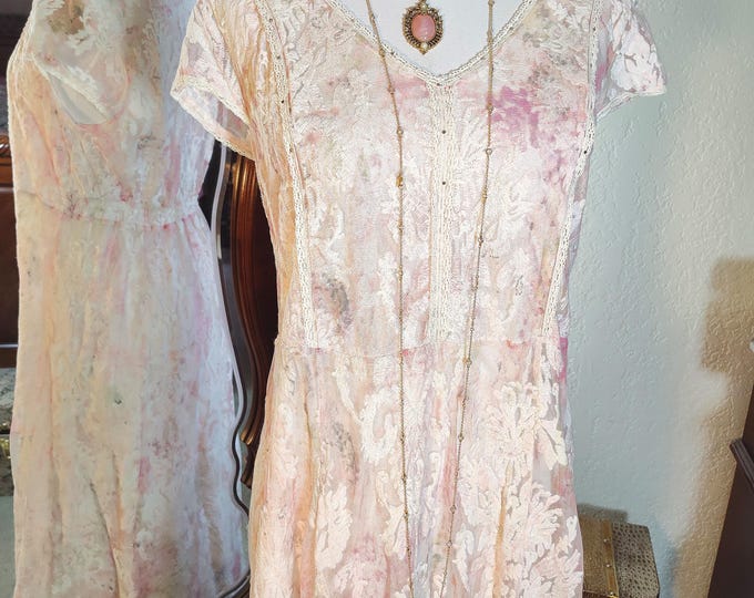 Lovely Vintage Inspired Pale Pink and Gray Overprint on Ivory Allover Lace Jeweled Dress  - Cottagecore Style - Wedding/Garden Party Dress