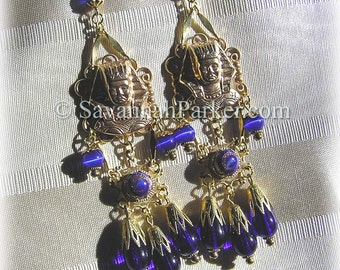 Antique Style 1920s Deco Egyptian Revival Earrings - Vintage Pharaohs Cobalt Blue Glass - Egyptian Jewelry - Egyptian Style - Made to Order