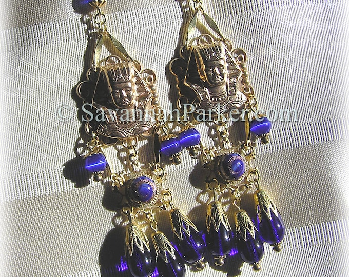 Antique Style 1920s Deco Egyptian Revival Earrings - Vintage Pharaohs Cobalt Blue Glass - Egyptian Jewelry - Egyptian Style - Made to Order