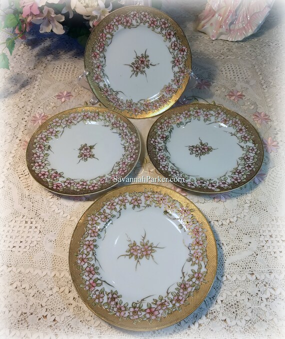 4 Antique Nagoya Nippon Japanese Gold Moriage Pink Appleblossoms China Tea Plates with Heavy Gold, Handpainted, Wedding Gift, Shabby Chic