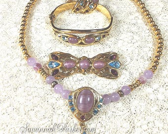 Fabulous 4 pc Set Vintage 1980's-90's 1928 Jewelry Company - Lavender Moonstone Aqua Rhinestones Deco Necklace Bracelet Brooch Earrings