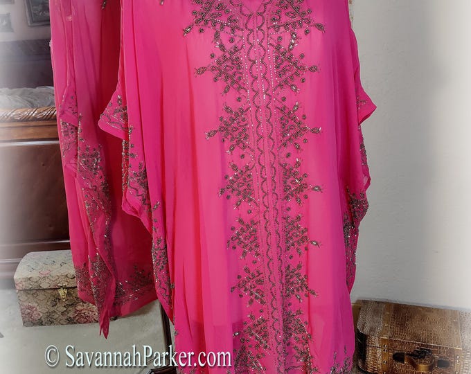 Stunning Vintage Boho 20s Style Lavishly Beaded Magenta Georgette Tunic/Caftan - Gorgeous Silver and Pewter Glass Beadwork - One Sz Fits All