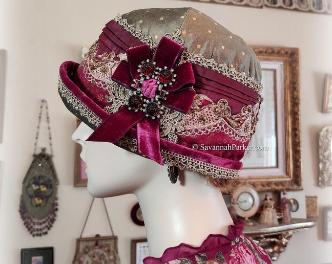 Exquisite Vintage Style 1920s Ruby Red Antique Silks - Metallic Trims - Romantic Gatsby Deco Flapper Hat - Downton Abbey Cloche Hat