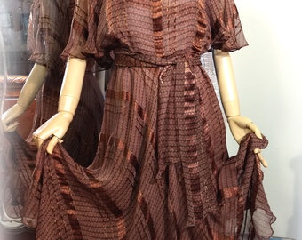 Beautiful Vintage 70s-80s Silk Chiffon Dress / The Silk Farm Designed by Icinoo / Glittering Threads / Chocolate Brown / Multi Tiered Skirt