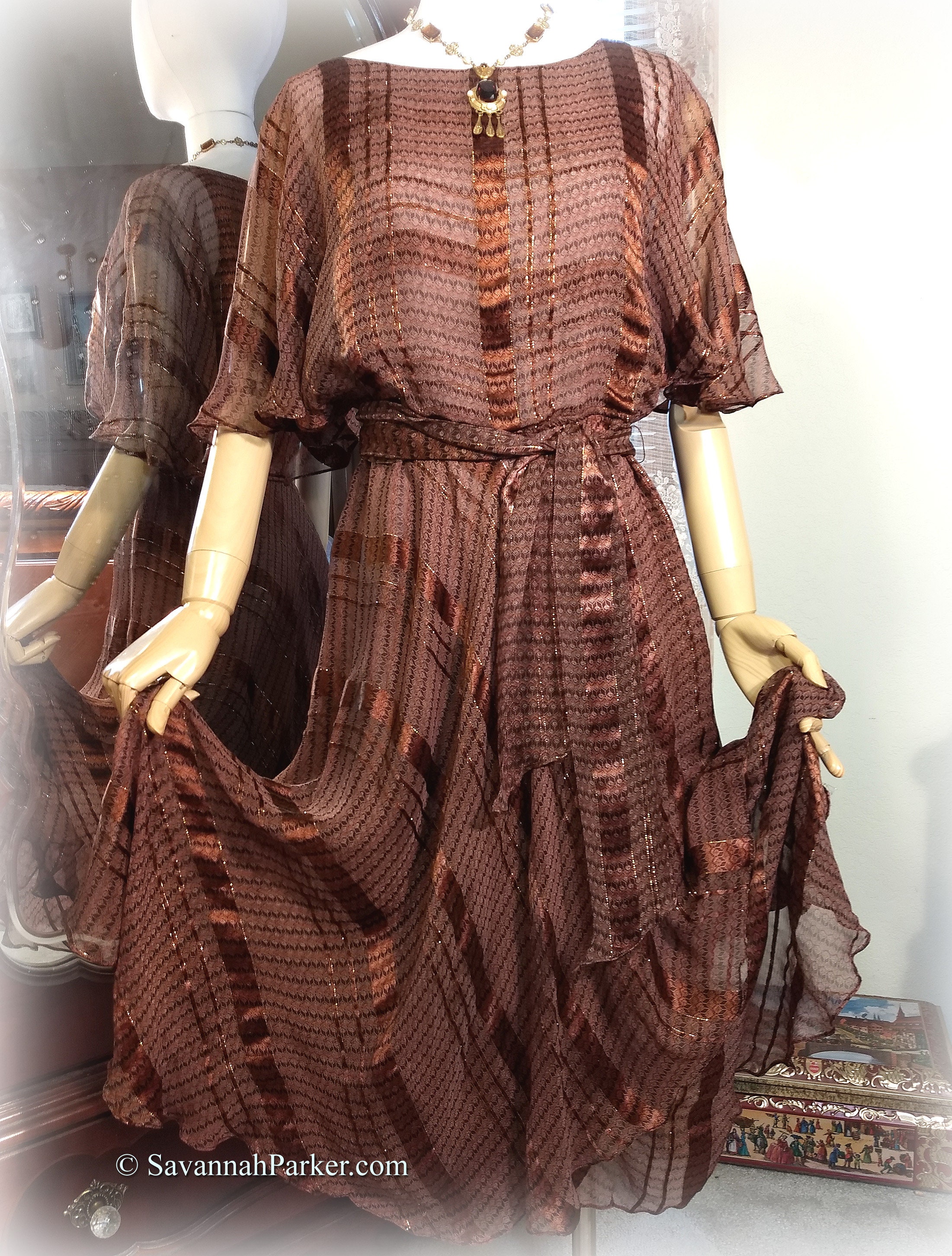 Beautiful Vintage 70s-80s Silk Chiffon Dress / The Silk Farm Designed by  Icinoo / Glittering Threads / Chocolate Brown / Multi Tiered Skirt