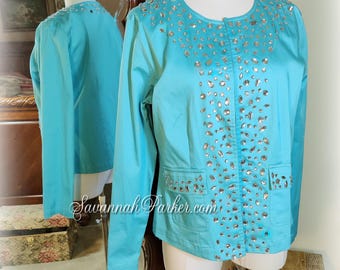 FAB Quality Jeweled Vintage 1990s Y2K - Glittering Glam New with Tags/Extra Jewels Rhinestone Jacket - Turquoise Cotton - Pockets - M
