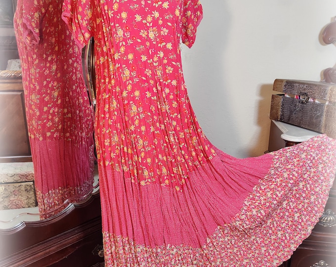 Vintage 1990s Cottagecore Gorgeous Vivid Coral and Yellow Floral Garden Party Dress - Size M - Crinkle Rayon Crepe - Full Tiered Skirt