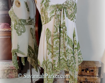 NWT Vintage Sample - Rayon Georgette Gypsy Bohemian Festival Tunic Top - Floaty Handkerchief Hem - Sequin Accents - Smocked Back - Sz S/M