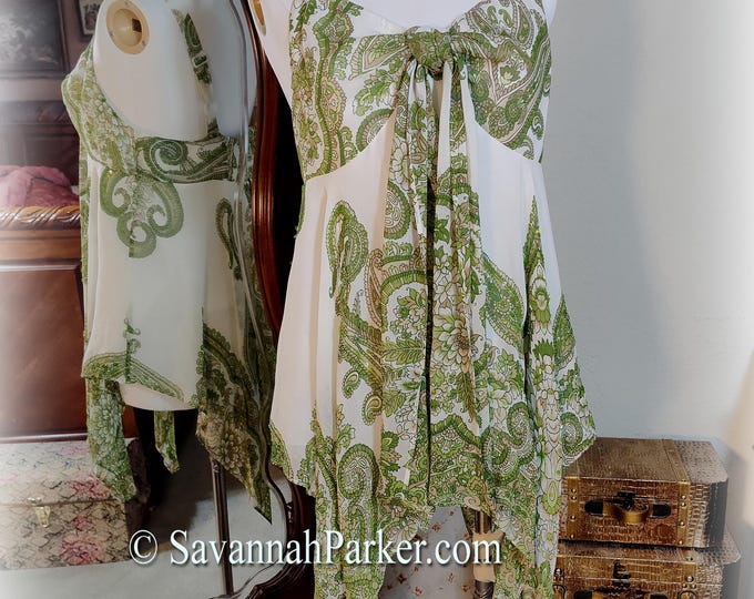 NWT Vintage Sample - Rayon Georgette Gypsy Bohemian Festival Tunic Top - Floaty Handkerchief Hem - Sequin Accents - Smocked Back - Sz S/M
