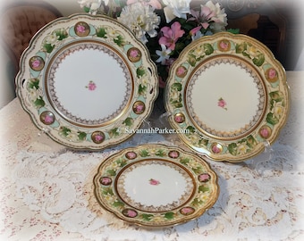 Lovely MZ Austria Set of 3 Antique Cake Dessert Plates, Hand Painted with Pink Roses, Water Lilies, Gold, Graduated Sizes, Shabby Chic