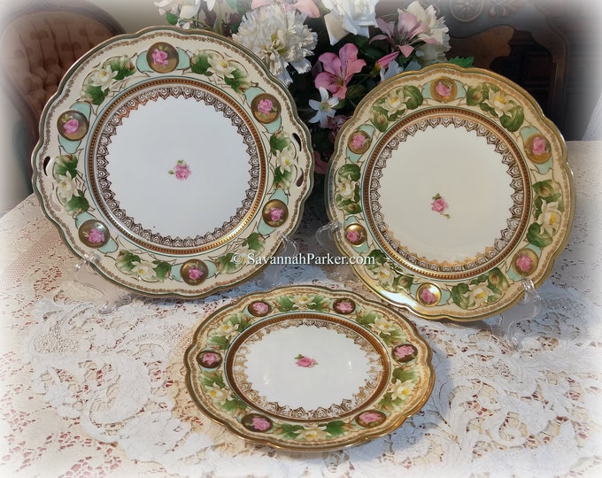 Lovely MZ Austria Set of 3 Antique Cake Dessert Plates, Hand Painted with Pink Roses, Water Lilies, Gold, Graduated Sizes, Shabby Chic