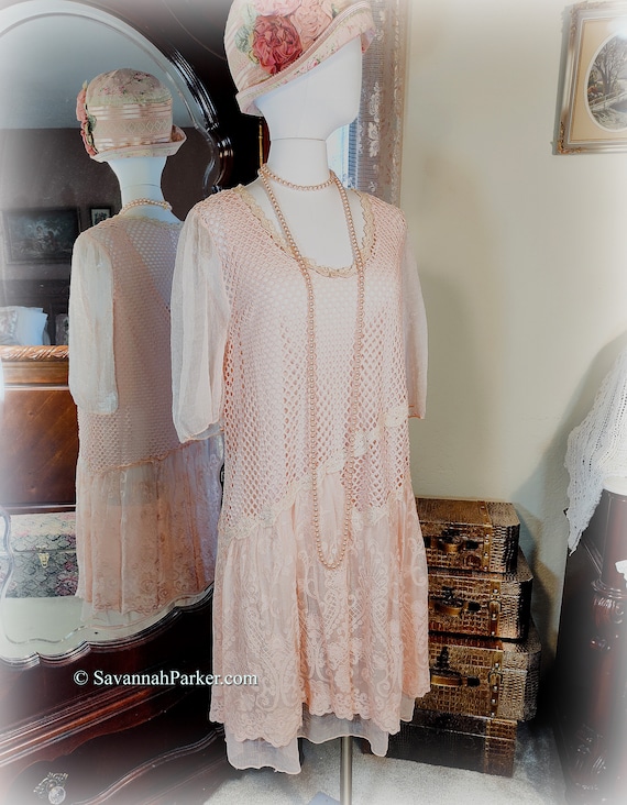 Beautiful New with Tags 2 piece Vintage 1920's-Inspired Peachy Pink Super Feminine Lace Long Tunic or Mini Dress and Slip