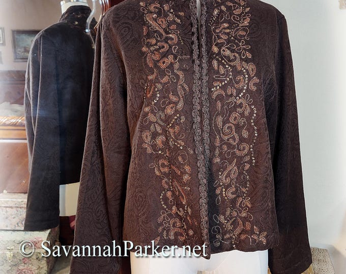 Vintage Embroidered Cotton Jacquard Jacket, Dark Chocolate Brown, Metallic Embroidery Sequins Beads, Size M